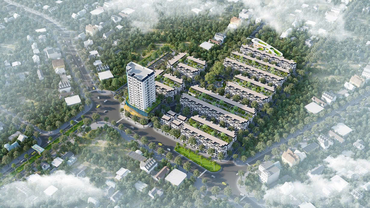 Phối cảnh tổng quan Khu đô thị Green Little Town nhìn từ trên cao. Dự án bao gồm các dãy nhà liền kề/shophouse màu trắng và tòa nhà cao tầng đơn lẻ (Green Vista) ở góc chính, tất cả nằm giữa một không gian xanh rộng lớn. Hình ảnh nhấn mạnh mật độ xây dựng thấp và cảnh quan thiên nhiên bao phủ.