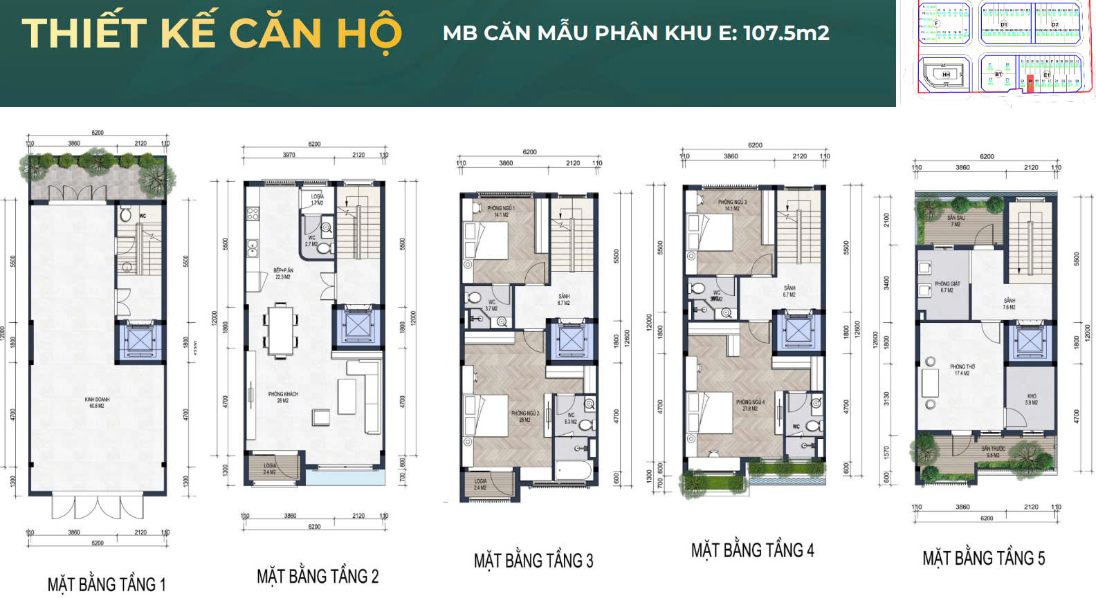 Thiết kế căn hộ mẫu Khu E Green Little Town, diện tích $107.5 \text{m}^2$. Bản vẽ kỹ thuật hiển thị mặt bằng chi tiết $5$ tầng: Tầng 1 (Kinh doanh/Shophouse), Tầng 2 (Phòng khách/Bếp), Tầng 3 và 4 (Phòng ngủ/Sinh hoạt), Tầng 5 (Phòng thờ/Sân thượng), tất cả đều có thang máy riêng. Kích thước ngang khoảng $6 \text{m}$ và sâu khoảng $17 \text{m}$.