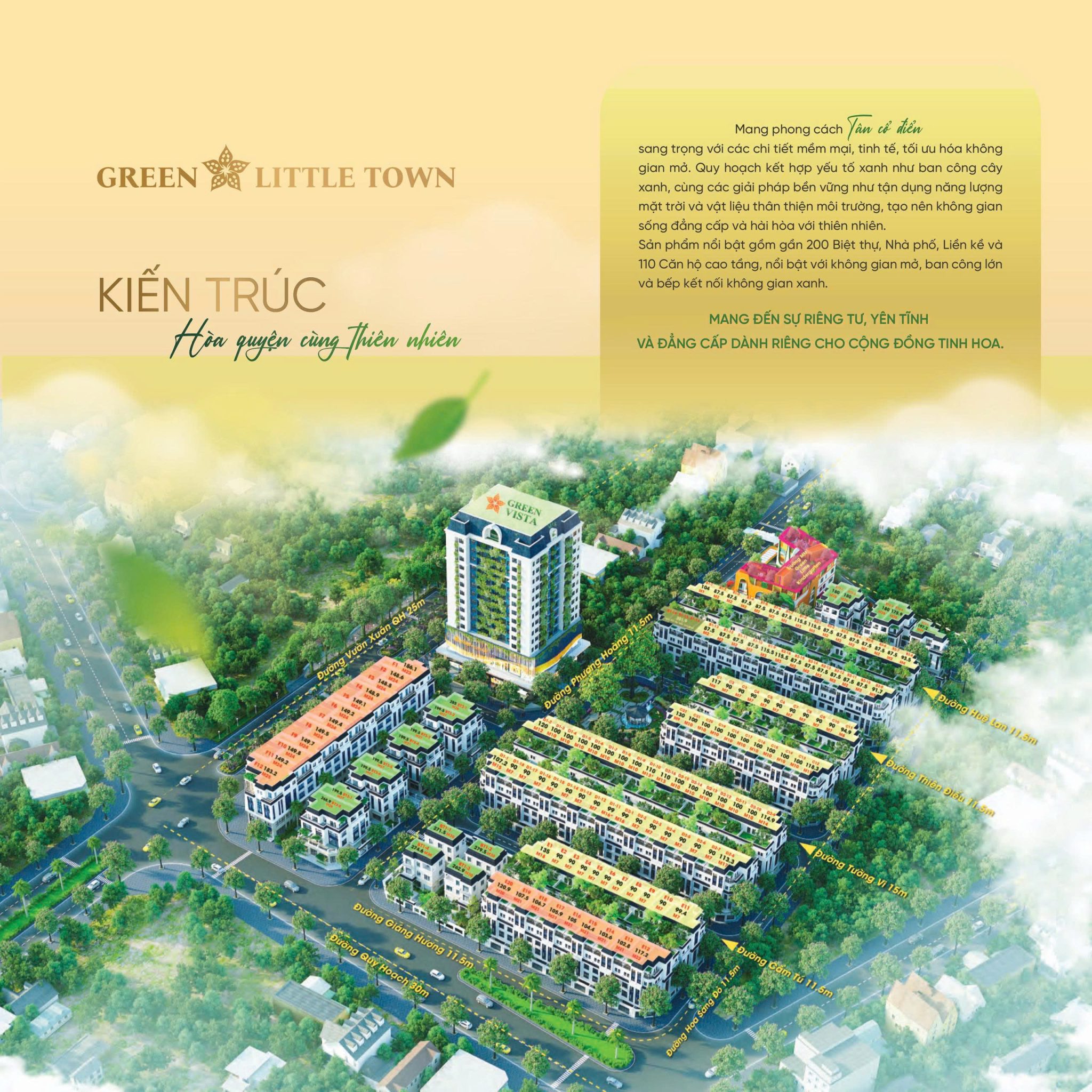 Phối cảnh $3D$ Khu đô thị Green Little Town, Cổ Bi, Gia Lâm. Các dãy nhà thấp tầng màu trắng và xanh lá cây, kiến trúc Tân cổ điển, nằm giữa nhiều cây xanh và đường nội bộ. Ở trung tâm là tòa nhà chung cư cao tầng Green Vista. Hình ảnh mô tả một khu đô thị xanh, yên tĩnh và đẳng cấp, với thông điệp "Kiến trúc Hòa quyện cùng Thiên nhiên".